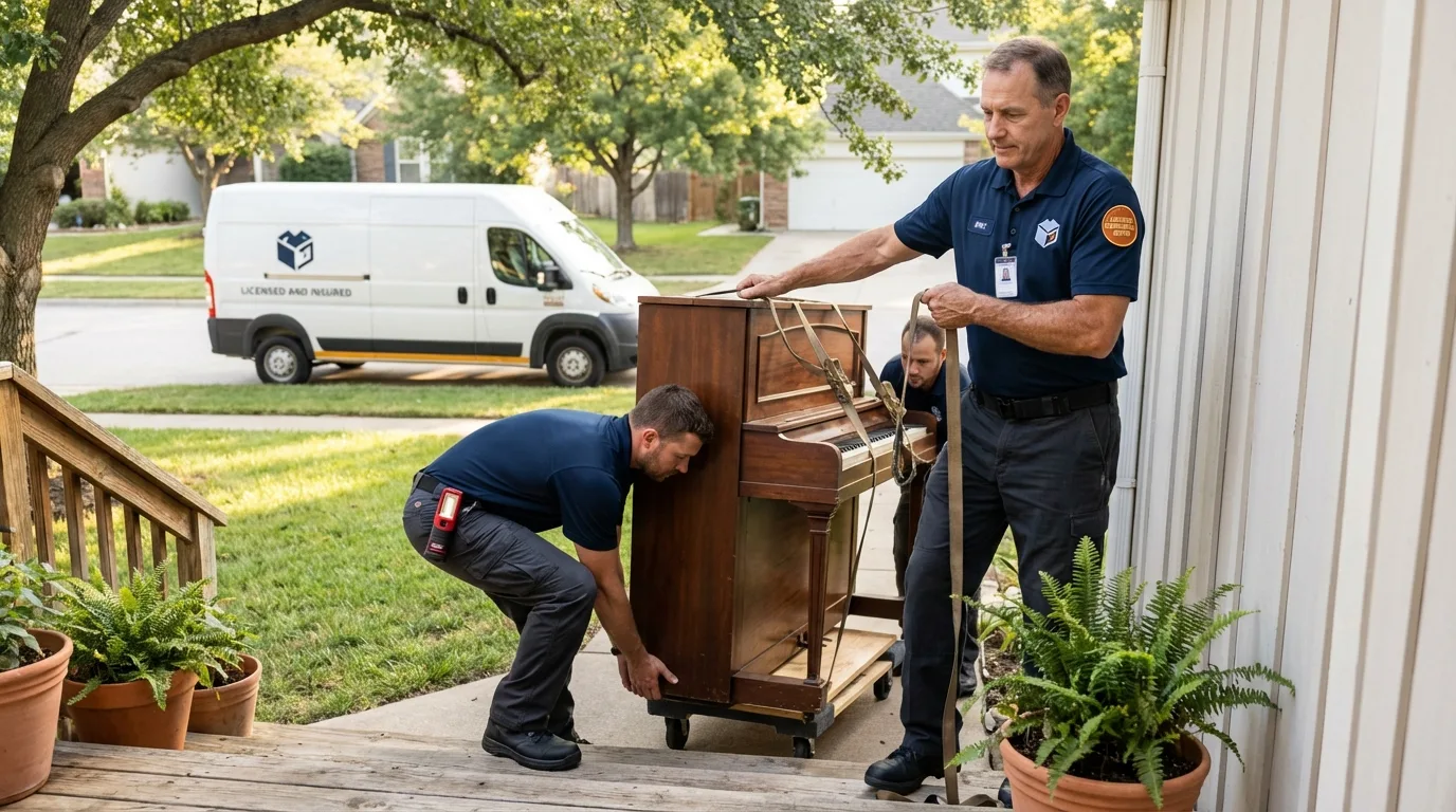 Licensed piano movers securing grand piano in Hyannis, NE