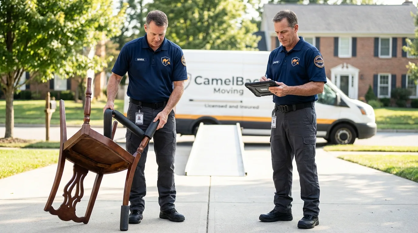 Movers inspecting furniture for damage prevention before loading in Hyannis, NE